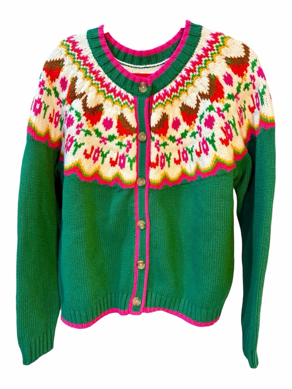 Lands’ End Lofty Birdseye Fair Isle Cardigan Sweater XL Green/Pink Grandmacore - Picture 3 of 8